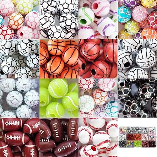 15 Styles Sports Beads Football Baseball Basketball Tennis Volleyball Soccer with 1 Roll of Elastic Rope and a Plastic Box for DIY Bracelet Necklace Making - Image 1