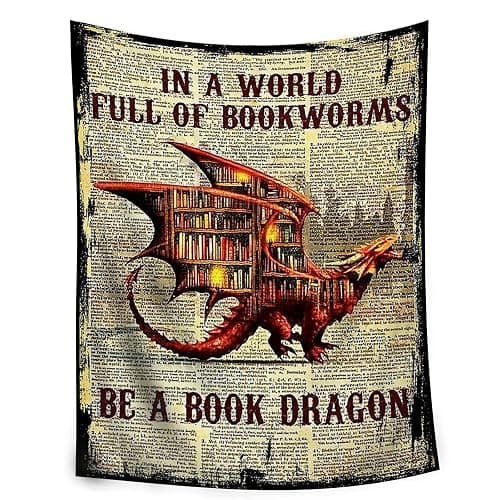 Book Dragon Fleece Blanket Cozy Throw for Book Lovers, Vintage Dragon Design on Text Background, Warm and Soft Reading Blanket for Home, Couch, or Bed (L80 xW60) - Image 1