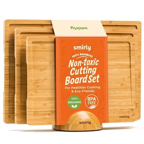 SMIRLY Bamboo Cutting board for Kitchen - Wood Cutting Boards for Meal Prep, Serving, Charcuterie - Kitchen Gadgets, House Warming Gifts - Wooden Chopping Board Set of 3 with Holder - Natural Bamboo - Image 1