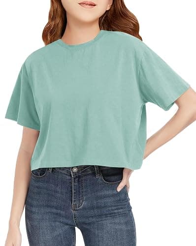 CharmWM Girls Summer Crop Tops Kids Fashion Oversized Crew Neck Cropped Short Sleeve T Shirts Basic Tees Size 5-14 Years - Blue Grey - 11-12 Years - Image 1