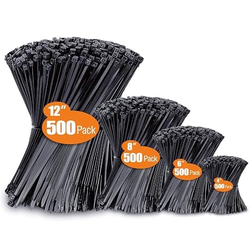 Zip Ties Assorted Sizes(4”+6”+8”+12”), 2000 Pack, Black Cable Ties, UV Resistant Wire Ties by ANOSON - Image 1