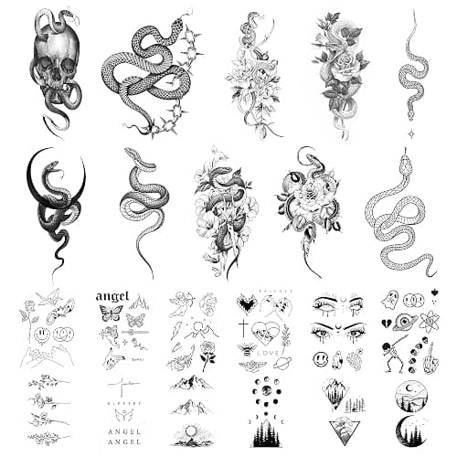 JINYOUS 22 Sheets Realistic Temporary Tattoo, 10 sheets Sexy Snake Fake Tattoos Stickers, Floral Peony Rose Tribal Viper Snake Temporary Tatoos For Women Men Adults Body Art Forearm Arm Leg - Image 1