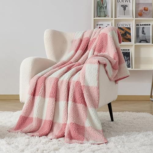 WEERRW Luxury Sherpa Throw Blanket for Couch Beds and Living Rooms, Buffalo Plaid Super Cozy Fluffy Reversible Thick Blanket, Baby Pink and White Checkered, 60" x 80" - Image 1