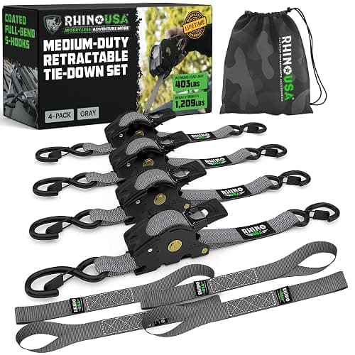 Rhino USA Retractable Ratchet Straps (4-Pack) - 1 Inch x 10 Feet (1,209lb Break Strength) - Auto Self Retracting Tie Down Straps for Truck, Cargo Trailer, Motorcycle, ATV, UTV - Gray - Image 1