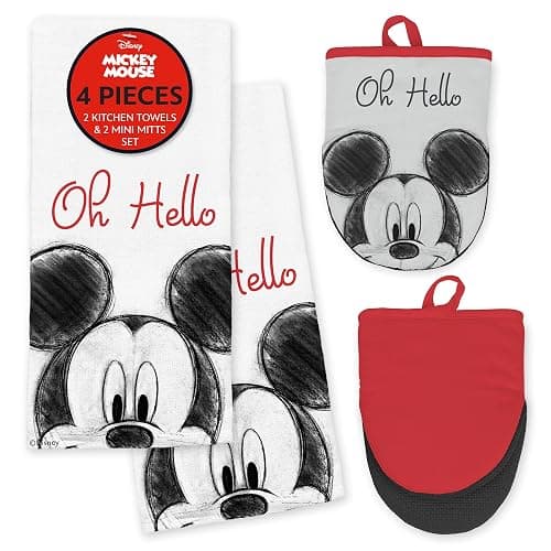 Disney Mickey Cotton Kitchen Towels & Mini Oven Mitts, 4-Piece Set | Absorbent, dries dishes fast, machine washable, mitt grip resists heat to 350F and is hand wash only, great for gifting - Image 1