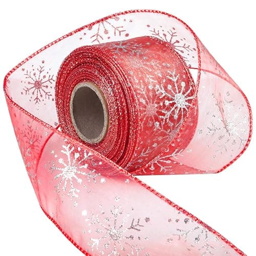 Livder 2.5 Inch Wide Christmas Wired Ribbon Snowflake Organza Sheer Glitter Ribbon for Xmas Tree, Wreath, Party Decoration, Gift Wrapping (Red, 21.9 Yards) - Image 1