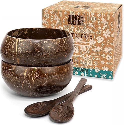 Jungle Culture® Kokosnuss Schalen Set mit Holzlöffeln & Strohhalm • Gemustertes Kokosschalen Schüssel Set • Natürlich Vegan Plastikfreie Alternative • Handgefertigt mit Kokosöl Poliert • Coconut Bowls - Leaf - Image 1