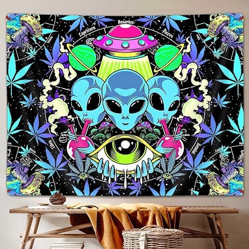 Cool Trippy Weed Tapestry, Funny Alien UFO Tie Dye Marijuana Leaf Tapestry Wall Hanging for Men Bedroom, Psychedelic Mushroom Cannabis Tapestries Poster Blanket College Dorm Home Decor (60X40) - Image 1
