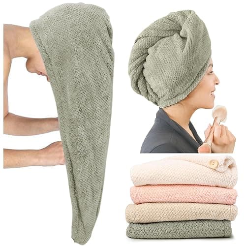 ROLSHOL Extra Large 4 Pack Microfiber Hair Towel Wrap for Women Super Absorbent & Quick Dry Hair Drying Towels with Button, Hair Turbans for Curly Hair Long & Short Hair - Anti-Frizz (green pinstripe) - Image 1
