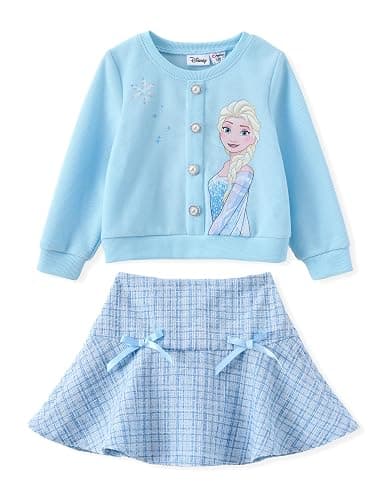 Disney Frozen Elsa Stitch Princess Moana Minnie Toddler Girl 2 Piece Outfit Kid Pearl Button Knit Top & Tweed Skirt Set 2-13Y - Image 1