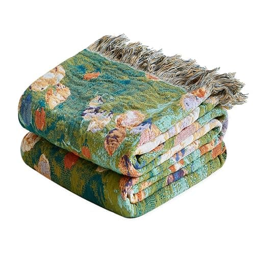 LUTBM Boho Throw Blanket for Bed Cotton Summer Blankets Twin Size for Bedroom Living Room All Season Lightweight Floral Embroidery Reversible Quilt for Couch Sofa Chair 60"x80" Home Decor - Image 1