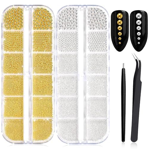Silver Gold Nail Charms 2 Boxes Round Balls Caviar Beads for Nails Art Design Gold Nail Beads Gems 3D Metallic Jewelry Decorations for DIY Salon Manicure with Tools - Image 1