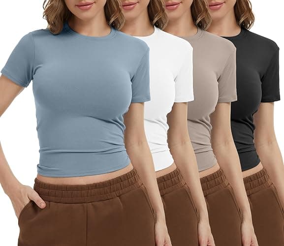 Dalavch 4 Pack Women's Workout Shirts Compression Short Sleeve Crew Neck Running Yoga Gym Athletic Fitted Crop T-Shirts Top - Image 1