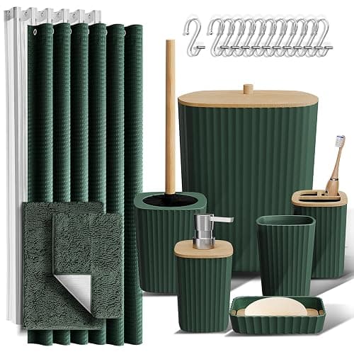 Clara Clark Bathroom Accessories Set - Green Bathroom Set, Bathroom Sets with Shower Curtain and Rugs, 22PC Shower Curtain Set with Bathroom Trash Can - Complete Set + Bath Rugs - Hunter Green - Image 1