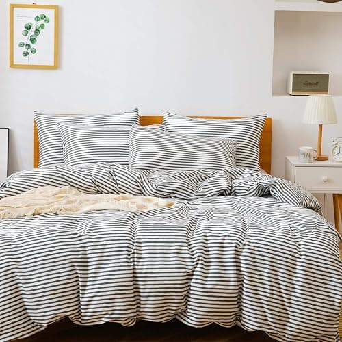 JELLYMONI 100% Natural Cotton 3pcs Striped Duvet Cover Sets,White Duvet Cover with Dark Grey Stripes Pattern Printed Comforter Cover,with Zipper Closure & Corner Ties(Queen Size) - Queen(90"×90") - 1604 - Image 1