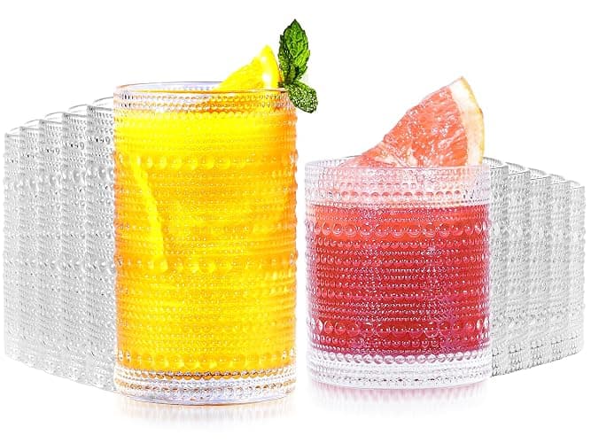 Lvtrupc Vintage Hobnail Drinking Glasses Set of 12-14 oz Old Fashioned Water Glass Cups & 11 oz Cocktail Glasses, Aesthetic Kitchen Bar Tumbler Glassware Gifts Sets for Smoothie, Juice, Coffee, Wine - Image 1