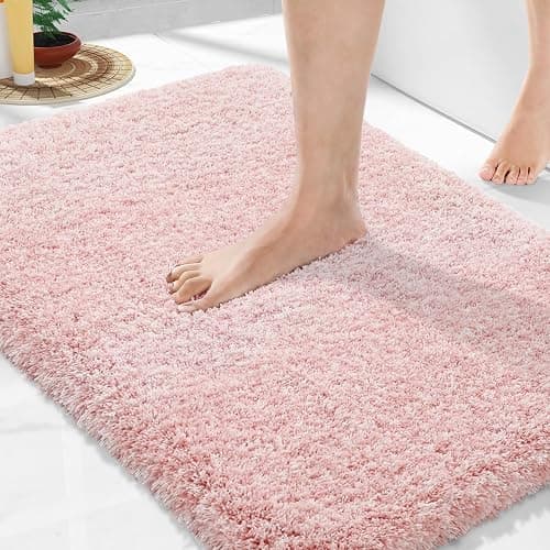 Yimobra Light Pink and White Bathroom Rugs Non Slip Washable, Ultra Soft and Water Absorbent Bath Mats, Plush Fluffy Shower Mat Outside, Microfiber Thick Matts for Bathroom Floor/Sink, 24x17 - Image 1