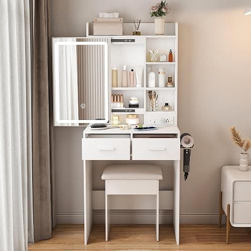 Runboll Small Makeup Vanity Desk with Sliding Mirror & Lights, Mini Vanity Desk Set Built-in Power Outlet & Hidden Storage, Space-Saving Dressing Table with Hair Dryer Holder & Stool for Small Bedroom - Image 1