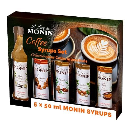 MONIN Coffee Syrup Gift Set 5x5cl. 1x Vanilla, 1x Caramel, 1x Hazelnut, 1x Creme Brulee, 1x Gingerbread Syrup for Coffee. Flavoured Coffees, Hot Chocolates and Frappes. Vegan, Natural Flavours - Image 1