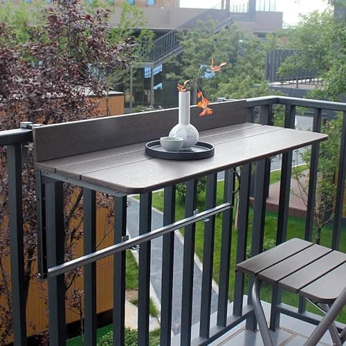 FURNIKNA Balcony Bar Table for Railings, Adjustable Deck Table for Patio, Garden - Brown Aluminum Folding Hanging Table - 100*37cm/39.3*14.56inch - Image 1