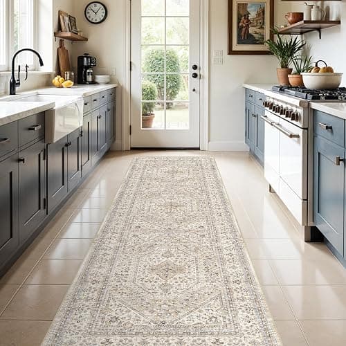 3x10 Runner Rug for Hallway Washable: Non Slip Kitchen Rugs with Rubber Backing Soft Waterproof Mats Stain Resistant Indoor Vintage Carpet Runner for Bedroom Bathroom Laundry Entryway Beige/Gray - Image 1