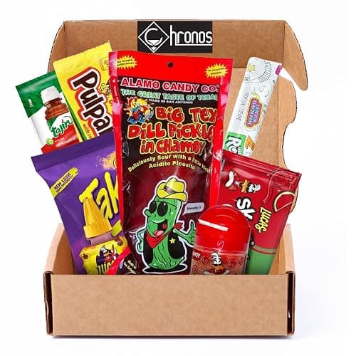 Chamoy Pickle Kit by CHRONOS 9 Piece Kit includes Alamo Big Tex Chamoy pickle, Skwinkles Watermelon Flavor, Lucas Gusano (tamarind), Lucas Polvos (chamoy), Tajin Packet, Fruit Roll Up, Tamarind Pulp Candy, Takis Fuego and Chronos Magnet - Image 1