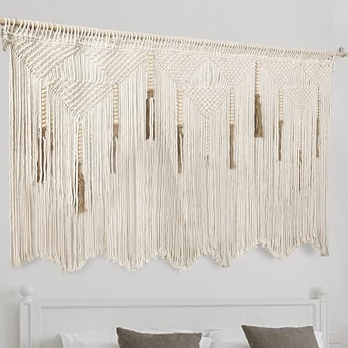 Extra Large Macrame Wall Hanging 70.8" × 39" Boho Tapestry Woven Decor- Cotton Tassel Curtain Beige Chic Bohemian Wall Art for Home Living Room Bedroom Dorm Wedding (Includes Rod) - Image 1