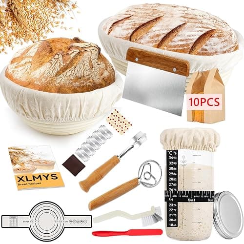 Sourdough Starter Kit - Banneton Proofing Basket 9 Inch Round & 10 Oval, Complete Sourdough Bread Baking Supplies with Starter Jar, Bread Sling, Lame, Danish Dough Whisk, Bags - Image 1