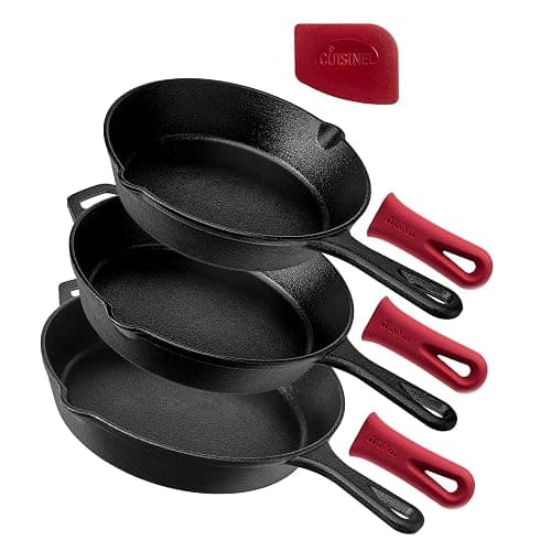 Cast Iron Skillet Set - 8" + 10" + 12"-Inch Pre-Seasoned Frying Pans + Silicone Handle Grip Covers - Indoor/Outdoor, Oven, Grill, Stovetop, BBQ, Fire and Induction Safe Kitchen and Camping Cookware - 8"+10"+12" - Skillet - Image 1