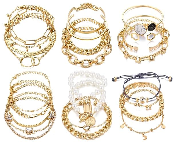 17IF 18-25 PCS(6 Pack) Boho Gold Bracelets Set for Women Stackable Chunky Dainty Bangles Adjustable Chain Flat Cuff Cuban Punk Charm Bundle Jewelry - Image 1