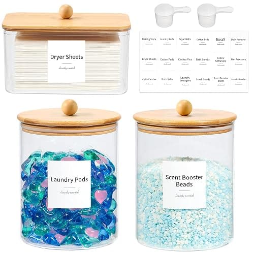 Glass Laundry Pods Container & Acrylic Dryer Sheet Holder with Bamboo Knobs Lids, Scoops & Labels | Premium Laundry Room Organization and Storage for Detergent Pods, Powder, Dryer Balls & Beads - Image 1