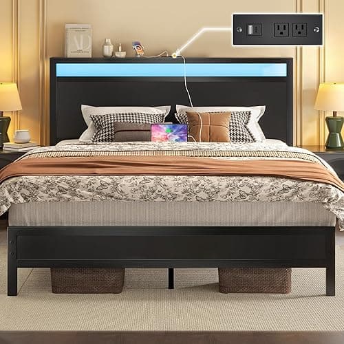 Fluest Queen Bed Frame with Headboard & Footboard, Bed Frame with Built-in Charging Station & LED Light, Storage Shelf, Noise-Free, No Box Spring Needed, Easy Assembly, Classic Black - Image 1