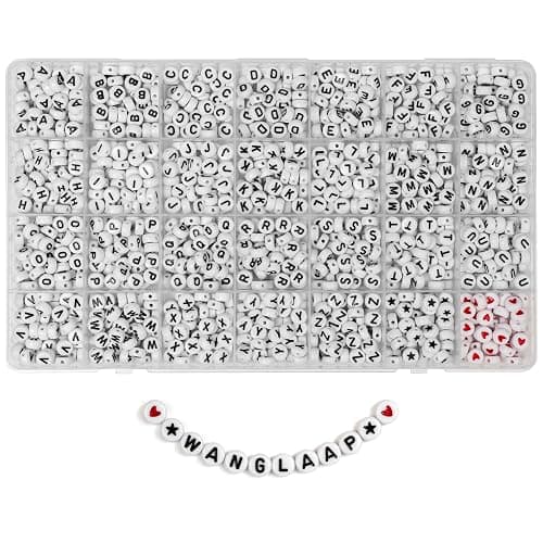 WangLaap 1450Pcs Letter Beads, Acrylic 4x7mm Round Alphabet A-Z and Red Heart Black Star Beads for Bracelets Necklaces DIY Jewelry Making (White) - Image 1