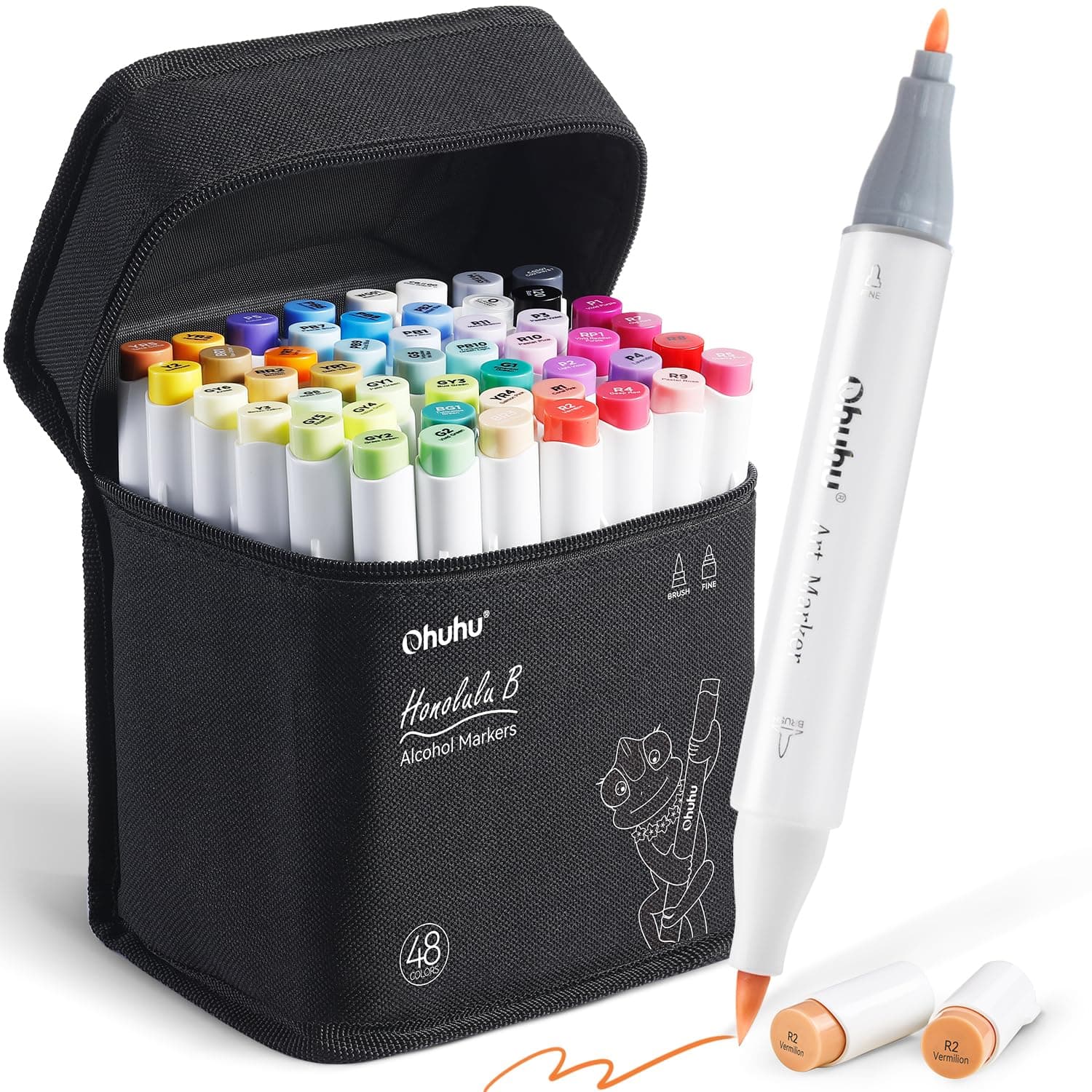 Ohuhu Alcohol Markers Brush and Fine Tip - 48-Color Alcohol-based Art Sketch Marker Set for Artist Adults Colouring Illustration - Brush and Fine Dual Tips- Honolulu B - AP Certificated - Image 1