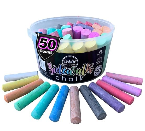 Loddie Doddie Sidewalk Chalk for Kids - 50 Count, 12 Multicolor Jumbo Sticks - Non-Toxic & Washable Bulk Chalk Pack in Reusable Bucket - Easy Grip for Vibrant Outdoor Kids Activities - Image 1