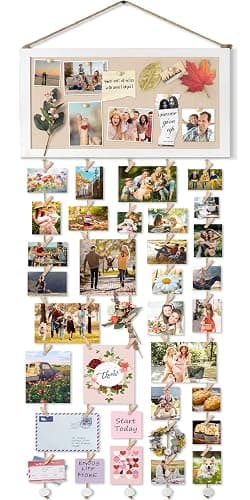 Bikoney Large Collage Picture Frame with Bulletin Board, Hanging Photo Display for Multiple Pictures, Wall Photo Organizer with 30 Clips & 6 Pushpins, Self Adhesive Hooks – No Drill Wood Photo Board for Room Decor - Image 1