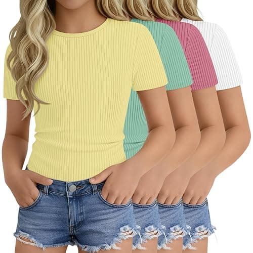 Oakgarden 4 Pack Girls T Shirts 5-14 Years Short Sleeve Ribbed Tops Crew Neck Slim Fit Summer Casual Cute Basic Tees for Kids - Image 1