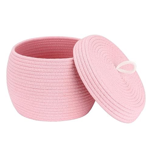Sea Team Round Cotton Rope Storage Basket with Lid, Decorative Woven Storage Bin, Pot, Caddy, Organizer, Container for Snacks, Towels, Plants, 10 x 7.5 Inches (Small, Pink) - Image 1
