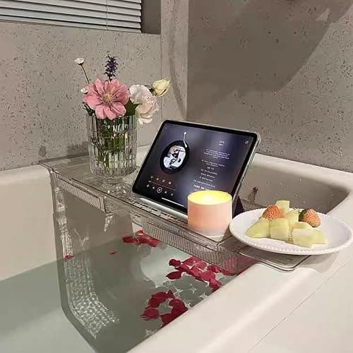 IEEK Expandable Bath Tray with Wine and Book Holder - Clear Acrylic Bathtub Caddy Shelf - Plastic Board Gift for Women - Image 1