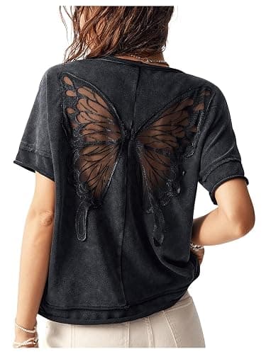 Milumia Women's Butterfly Cut Out Back T-Shirt Short Sleeve Washed Tee | Crew Neck, Vintage, Loose Fit, Contrast Mesh, Solid, Casual Going Out, Summer, Streetwear Tops - Image 1
