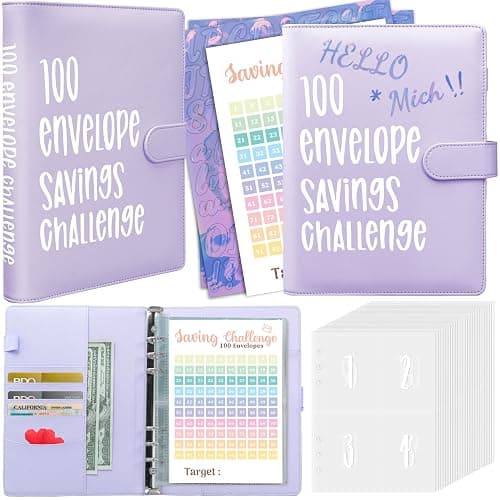 Axolotl 100 Envelopes Money Saving Challenge Binder, A5 Savings Budget Challenges Binders with Cash Envelopes, 100 Days Envelope Saving Binder Book, Budget Planner (Matt Purple) - Image 1