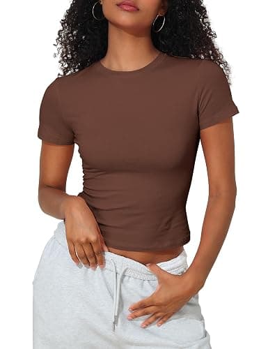 Hilor Women's Casual Basic T-Shirts Going Out Crop Tops Cotton Short Sleeve Tees Tight Fitted Crewneck T Shirts - Image 1