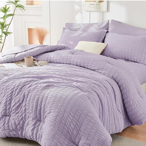 HYMOKEGE Lavender Queen Comforter Set, Seersucker Bed in a Bag Queen 7 Pieces, All Season Luxury Bedding Set with Comforters, Sheets, Pillowcases & Shams - Image 1