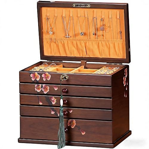 Xloverise Vintage Wooden Jewelry Boxes with Lock & Key - Hand-Painted Large Jewelry Organizer, 6-Layer jewelry organizers and storage, Rustic Tabletop Jewelry Storage Box for Women/Men - Image 1
