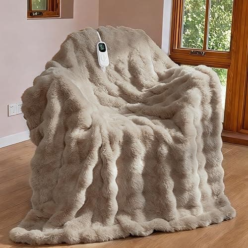 IUUI Electric Heated Blanket Throw,Faux Rabbit Fur Heating Throw Blankets | Bubble Heated Blanket,8.86ft Detachable,Fast Heating with 1-10h Auto Off Timer,Overheat Protection,Machine Washable - Image 1