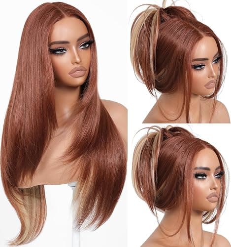 BrownBomb Cooper Blond Wear and Go Glueless Wigs Pre Plucked Pre Cut for Beginners Synthetic Lace Front Wigs For Woman With Bangs Long layered Straight 26 Inch Ginger Highlights 3 Seconds to Wear - Image 1