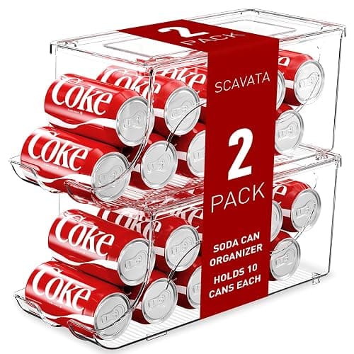 SCAVATA 2 Pack Stackable Refrigerator Organizer, Soda Can Dispenser Pop Cans Container Beverage Holder with Lid for Fridge, Freezer, Kitchen, Clear Plastic Storage Bins-Holds 10 Cans Each - Image 1