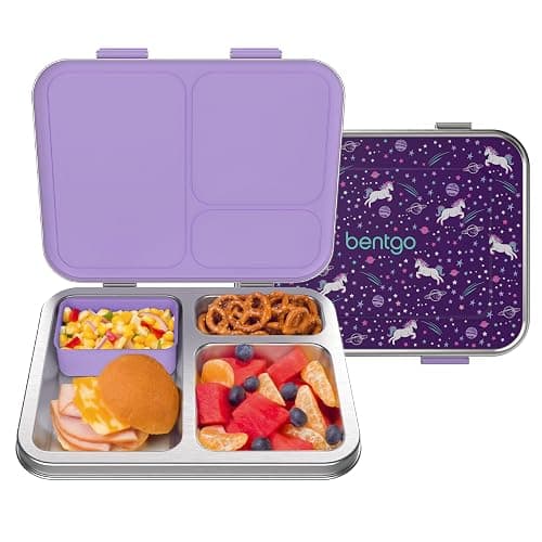 Bentgo Kids Stainless Steel Prints Leak-Resistant Lunch Box - 3-Compartments with Bonus Silicone Container, Durable, Eco-Friendly, Dishwasher Safe, BPA-Free, Ideal for School, Ages 3+ (Unicorn) - Image 1