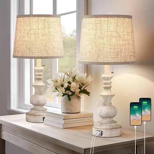 Drawealth Table Lamps for Bedrooms Set of 2 Farmhouse Bedside Lamps for Nightstand with USB Charging Ports Traditional Side Table Lamps for Living Room Wooden Finish, Pull Chain, Bulbs Not Included - Image 1