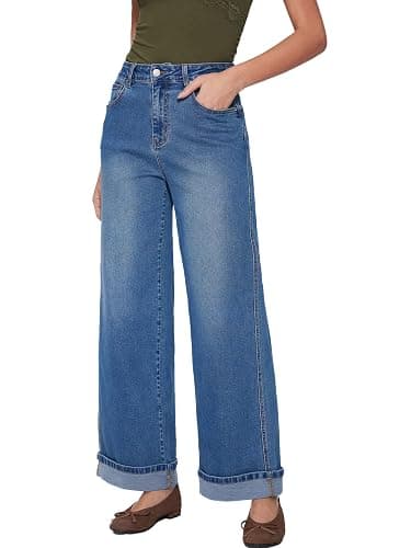 Vinova Womens Wide Leg Baggy Jeans Stretchy Folded Hem Cuffed Boyfriend Denim Pants Trendy Straight Leg Trouser Jeans - Image 1